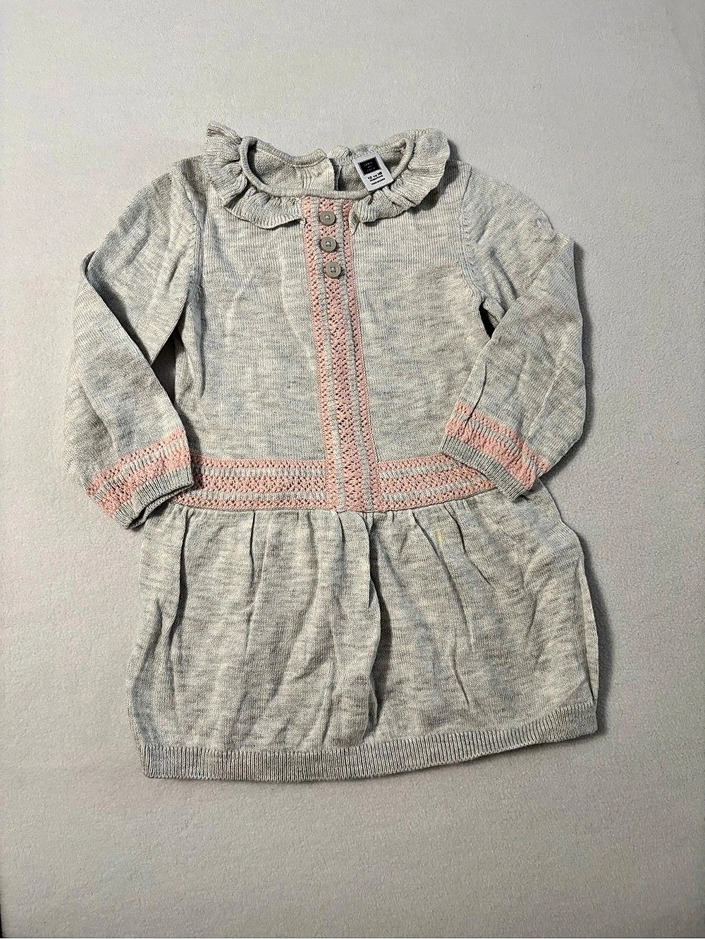 Janie and Jack Knit Ruffle Collar Sweater Dress Girls Gray & Pink Size 12-18 mon